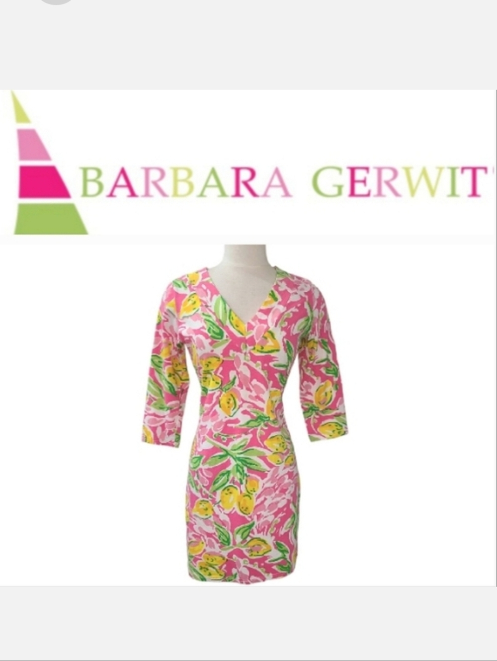 Barbara Gerwit Vintage Knit Body Skimming V-neck Dress in Pink Lemon Bloom Sz S